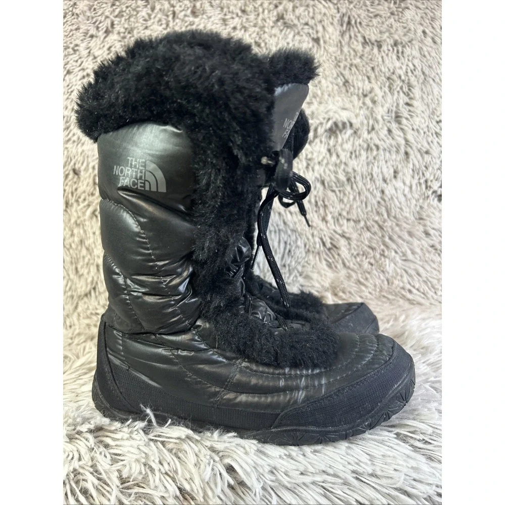 The North Face Sz 6 Nuptse Boots Black Goose Down Faux Fur Winter Snow Grip Puff